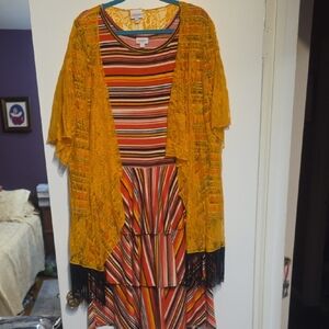 LuLaRoe- Colorful Striped Dress with Yellow Lace Kimono